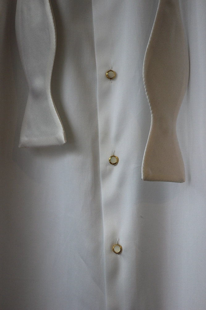 Thomas Mason White Formal Dress Shirt with Silk Satin Bow Tie and Gold Mother of Pearl Studs