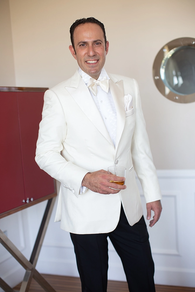 Loro Piana Cashmere and Silk White Tuxedo Jacket with Mohair and Wool Trousers — bespoke by Mr. Alex Beverly Hills