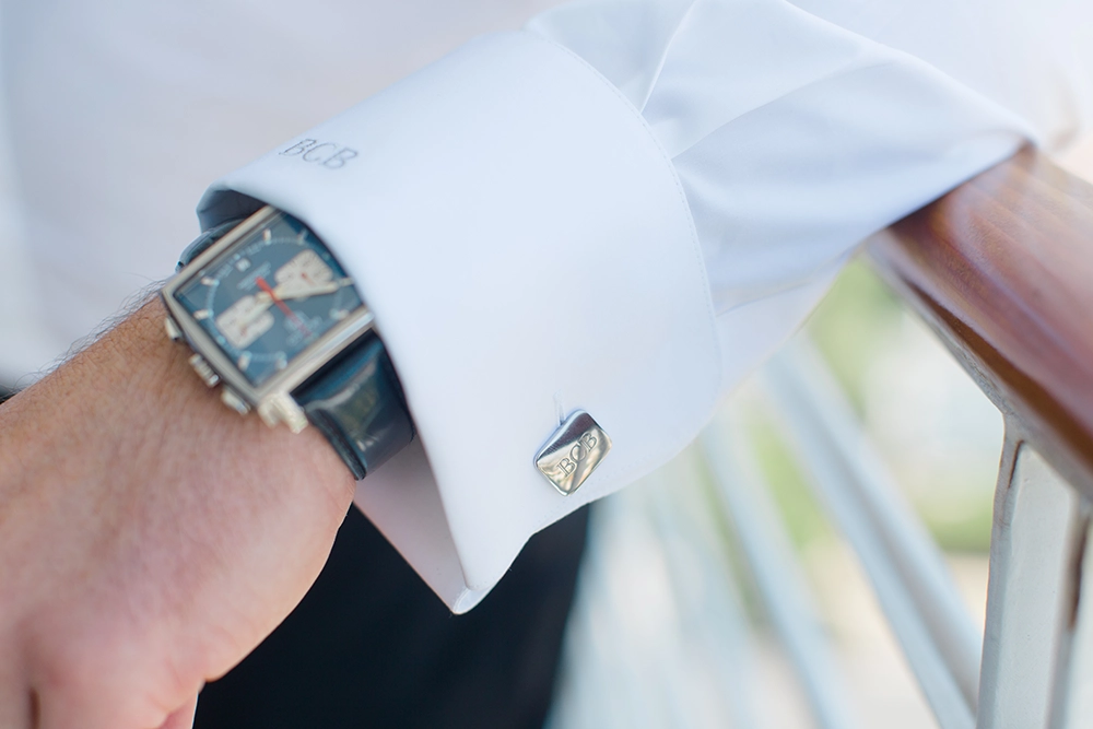 Monogrammed silver cufflinks worn with a bespoke dress shirt — Mr. Alex Beverly Hills