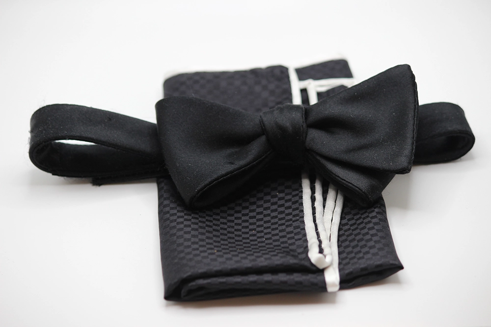 Satin Silk Bow Tie and Silk Handkerchief with Piping — bespoke by Mr. Alex