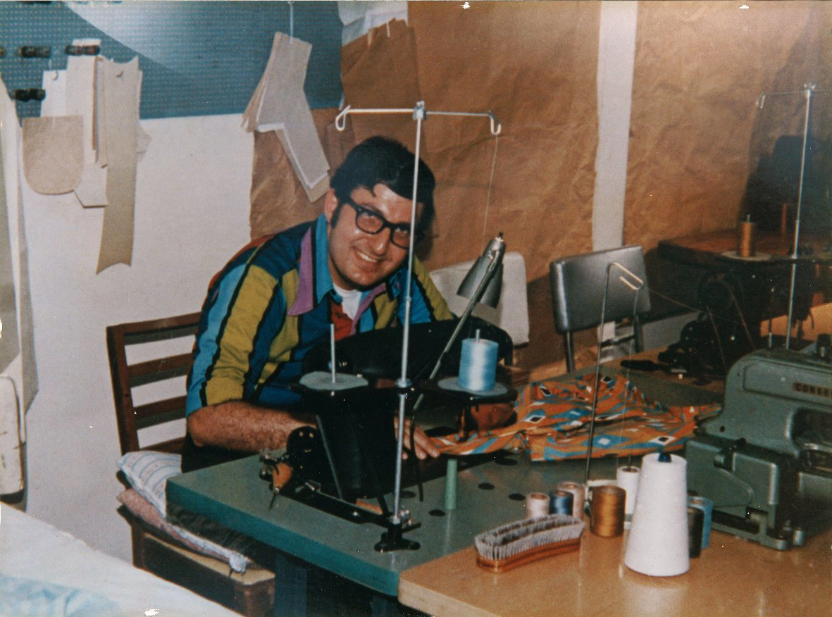 Mr. Alex sewing by hand in the atelier, Beverly Hills, 1980s