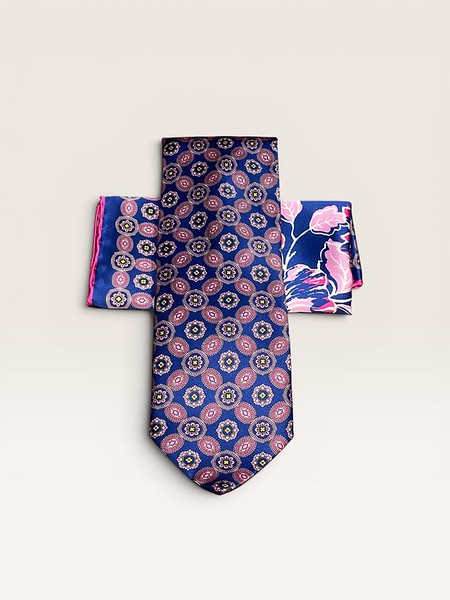 Navy floral tie with coordinating pink floral pocket square — Mr. Alex Beverly Hills studio